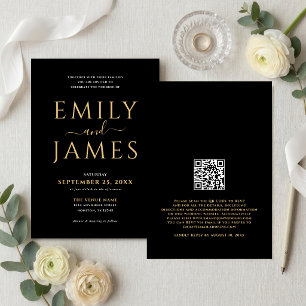 Convites Código QR de casamento preto elegante dourado e br