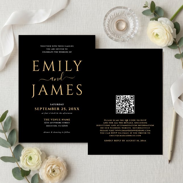 Convites Código QR de casamento preto elegante dourado e br (Criador carregado)