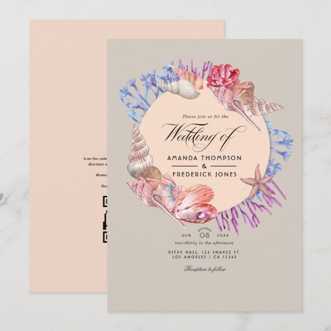 Convites Código QR de Casamento RSVP Praia Arenosa (Frente/Verso)