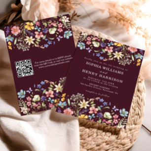 Convites Código QR de Casamento Russo de Chic Burgundy