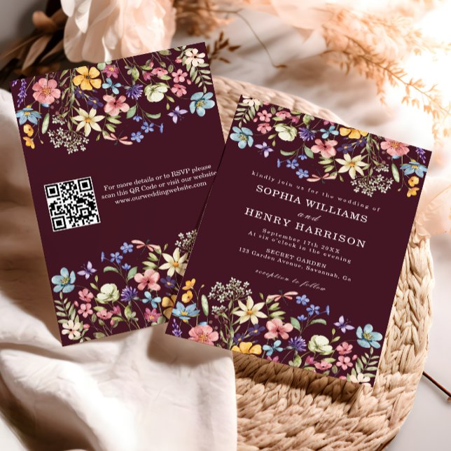 Convites Código QR de Casamento Russo de Chic Burgundy (Criador carregado)
