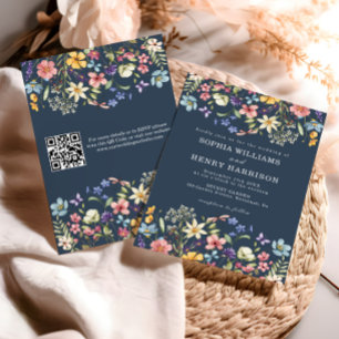 Convites Código QR de Casamento Rústico Azul Naval Flor Sil