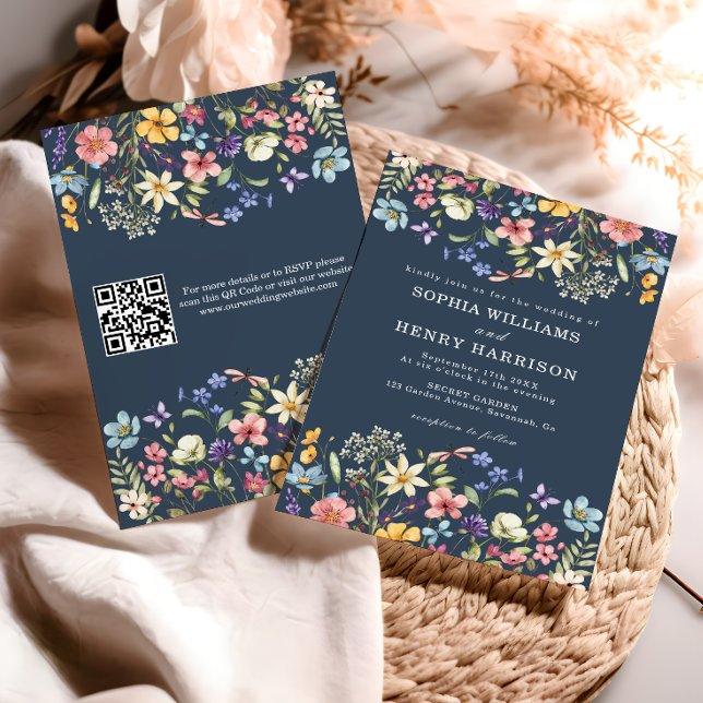 Convites Código QR de Casamento Rústico Azul Naval Flor Sil (Criador carregado)