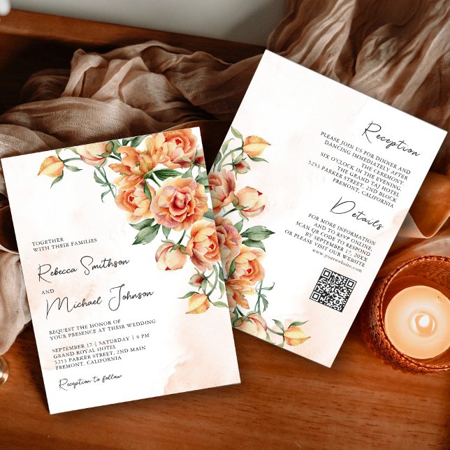 Convites Código QR de Casamento Rústico Terroso Floral Pêss (Criador carregado)