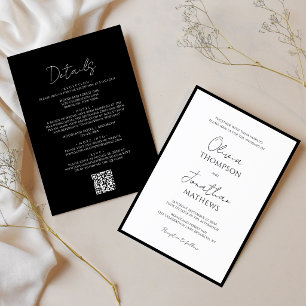 Convites Código QR de Casamento Script Borda Preta e Branca