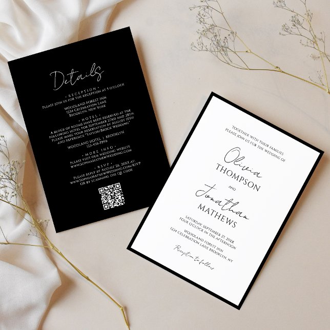 Convites Código QR de Casamento Script Borda Preta e Branca (Criador carregado)