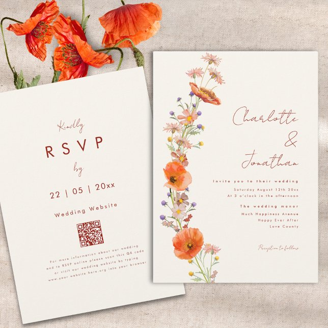 Convites Código QR de Casamento Simples Boho de Flores Silv (Boho wildflower fall wedding invitation RSVP qr code)