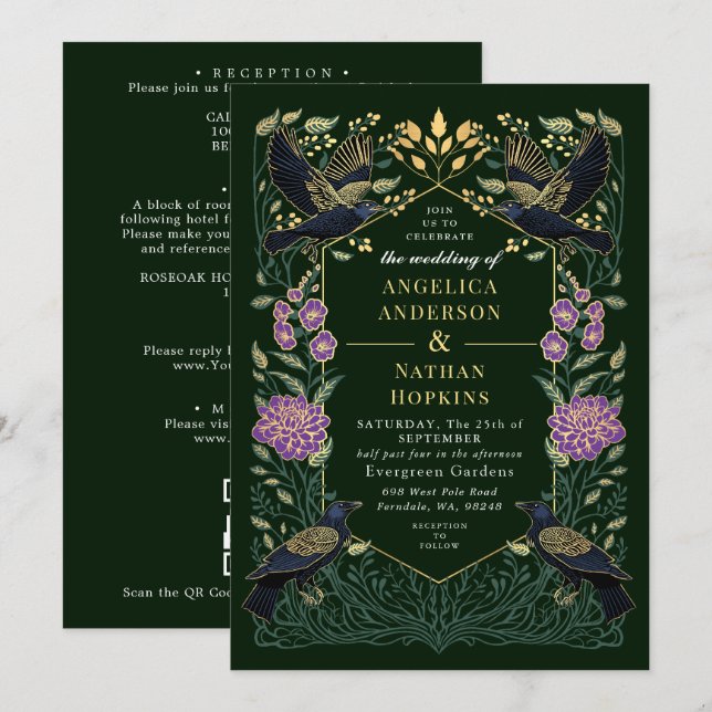 Convites Código QR de Casamento Snapdragon Corvo Gótico Enc (Frente/Verso)