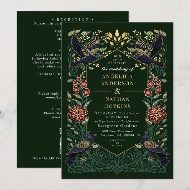 Convites Código QR de casamento Snapdragon Corvo Gótico Enc (Frente/Verso)