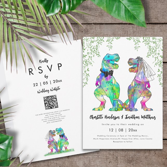 Convites Código QR de Casamento Temático de Dinossauros (Funny dinosaur themed wedding inviation with colorful psychedelic T-Rex bride and groom jungle )