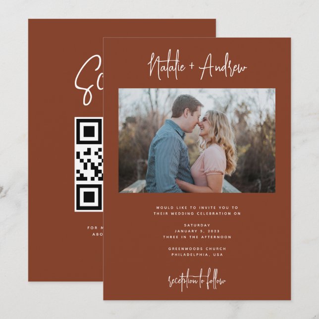 Convites Código QR de Casamento Terracotta de Script Minima (Frente/Verso)