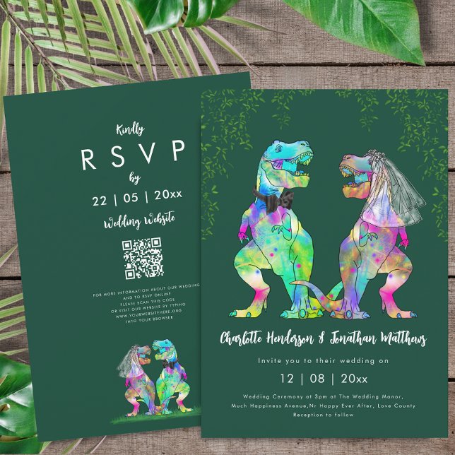 Convites Código QR de casamento verde com tema de dinossaur (Colorful T-Rex bride and groom dinosaur wedding dark green rsvp qr code invitation Eucalyptus )
