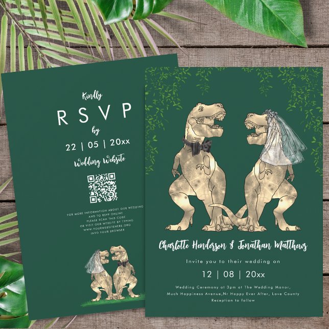 Convites Código QR de Casamento Verde com Tema de Dinossaur (T-Rex bride and groom dinosaur wedding green rsvp qr code invitation watercolor Eucalyptus foliage )