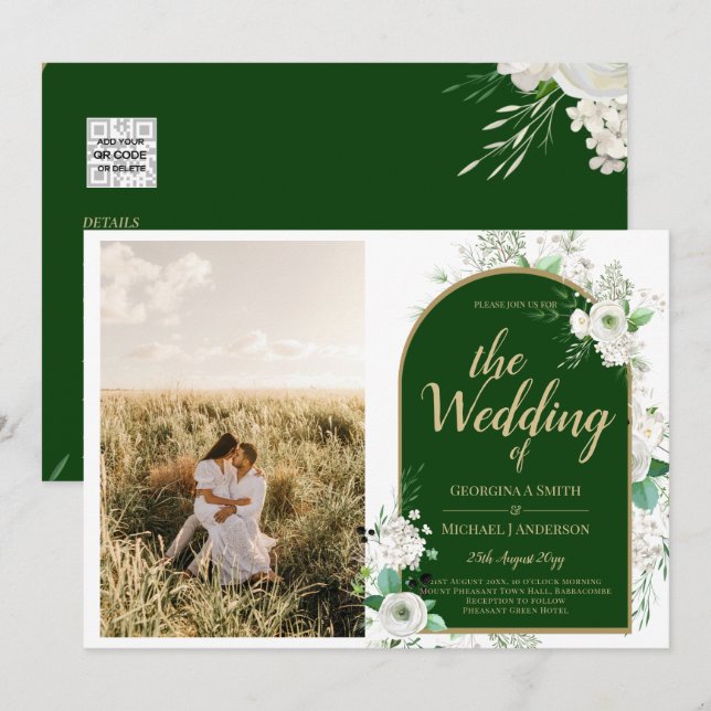 Convites Código QR de Casamento Verde de Rosas Brancas Tota (Frente/Verso)