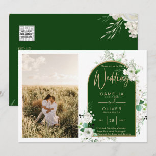 Convites Código QR de Casamento Verde de Rosas Brancas Tota