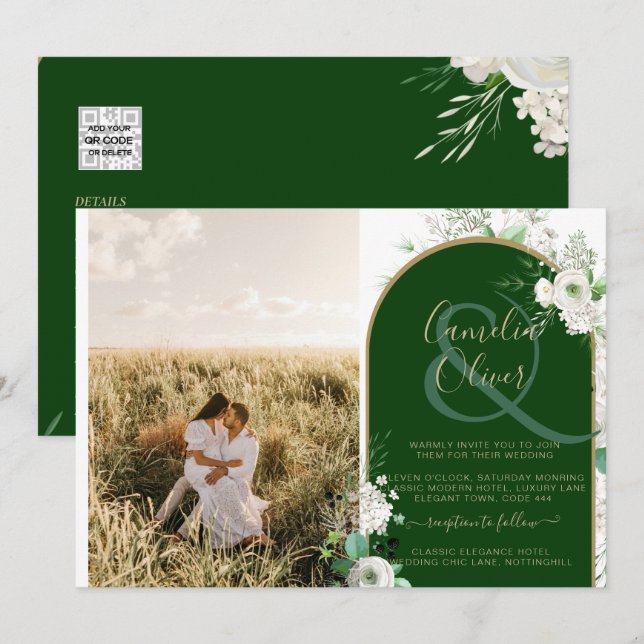 Convites Código QR de Casamento Verde de Rosas Brancas Tota (Frente/Verso)