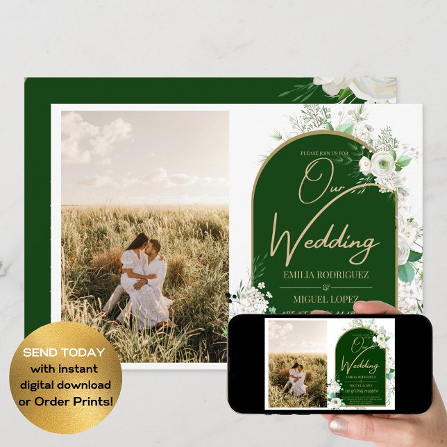 Convites Código QR de Casamento Verde de Rosas Brancas Tota (Criador carregado)
