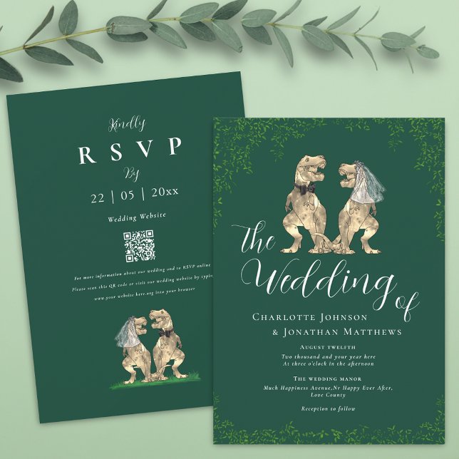 Convites Código QR de Casamento Verde Dinossauro Elegante (T-Rex bride and groom funny dinosaur green and white wedding qr code invitation)