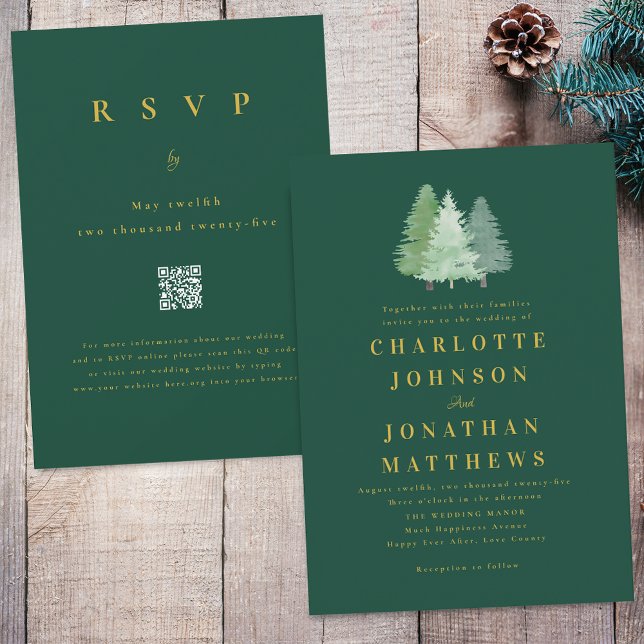 Convites Código QR de Casamento Verde Dourado da Floresta d (Simple modern woodland forest gold  Green wedding qr code invitation watercolor evergreen pine trees)