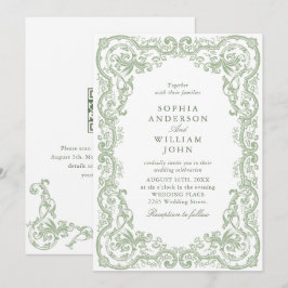 Convites Código QR de casamento verde sage ornamentado rena