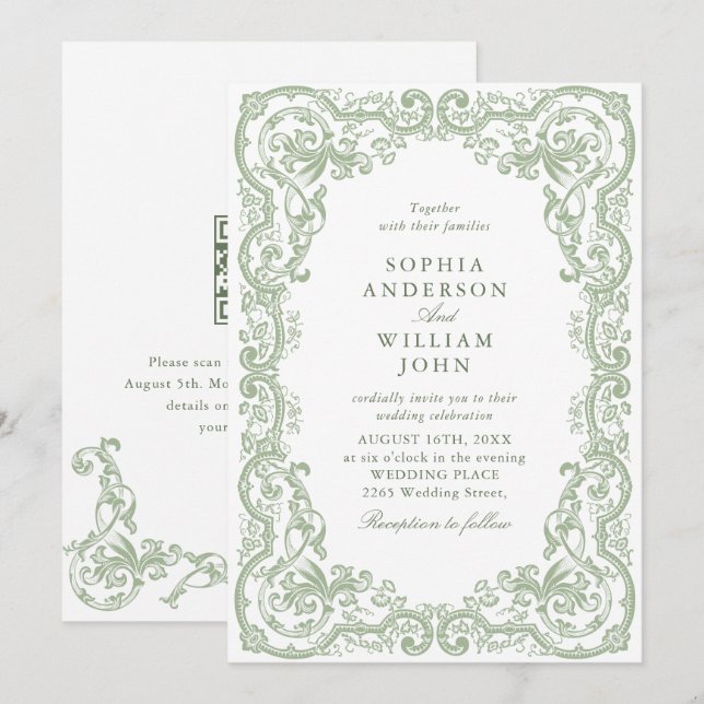 Convites Código QR de casamento verde sage ornamentado rena (Frente/Verso)