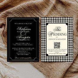 Convites Código QR de casamento vintage em xadrez preto est