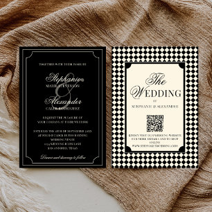 Convites Código QR de casamento vintage em xadrez preto est