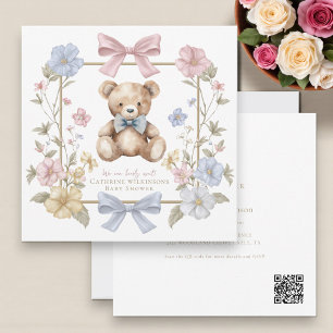 Convites Código QR de chá de bebê do ursinho floral pastel