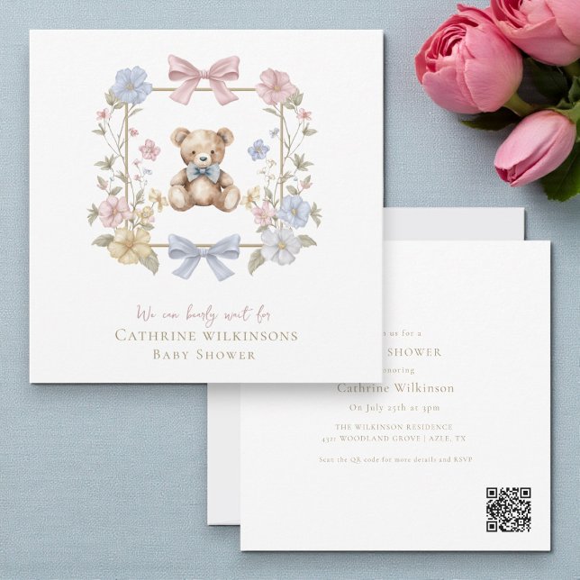Convites Código QR de Chá de Bebê do Urso de Pelúcia Floral (Criador carregado)