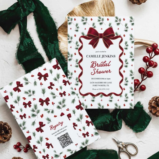 Convites Código QR de Chá de Noiva de Natal Elegante (Christmas Red Bow Bridal Shower Invitation)