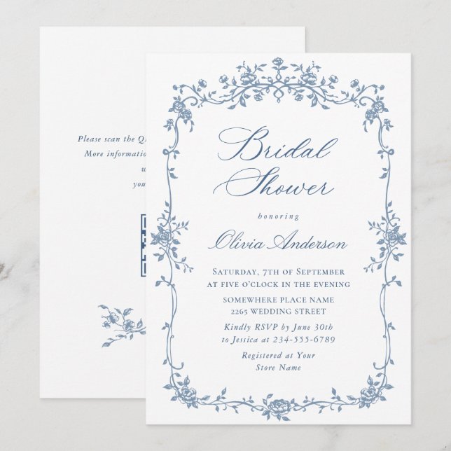 Convites Código QR de Chá de panela Azul Dusty, Ornamentado (Frente/Verso)