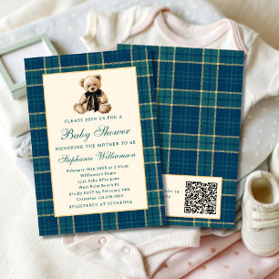 Convites Código QR de Chuveiro de Bebê do Urso Teddy Xadrez