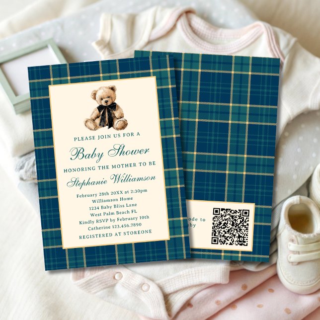 Convites Código QR de Chuveiro de Bebê do Urso Teddy Xadrez (Criador carregado)