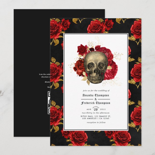 Convites Código QR de crânio floral RSVP Casamento Gótico (Frente/Verso)