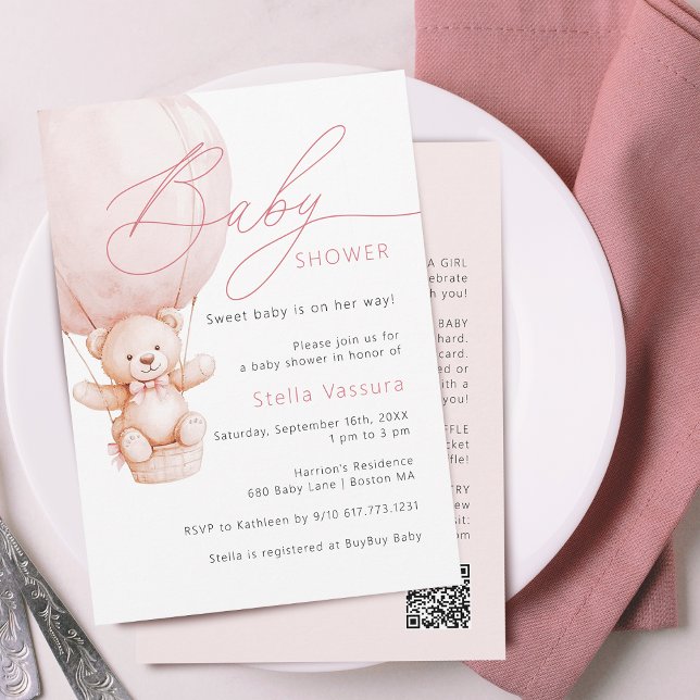 Convites Código QR de detalhes de urso de pelúcia Chá de be (Teddy Bear Details QR Code Girl Baby Shower Invitation)