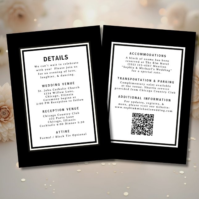 Convites Código QR de Detalhes do Casamento Preto e Branco (Criador carregado)