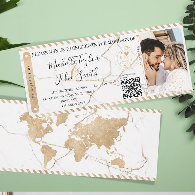Convites Código QR de Embarque Dourado de Casamento de Dest (gold world map and marble boarding pass invitation)