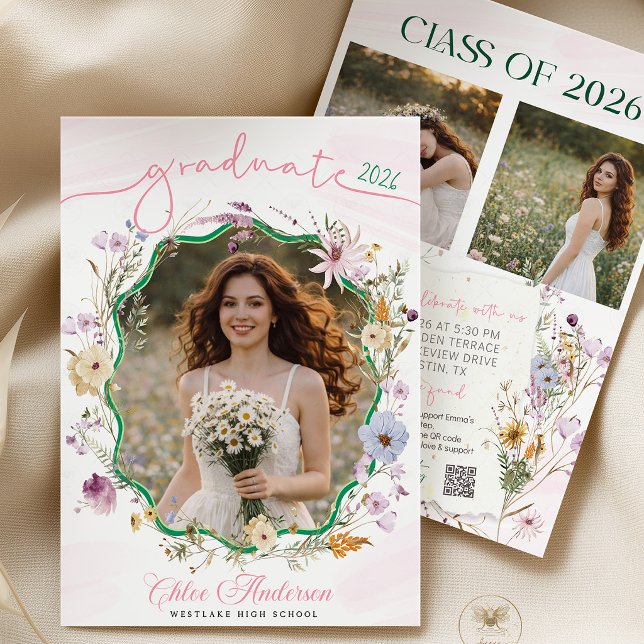 Convites Código QR de festa de formatura Flor silvestre (graduation invitation, qr code invite, wildflower invitation, boho graduation, floral invite, gradua)