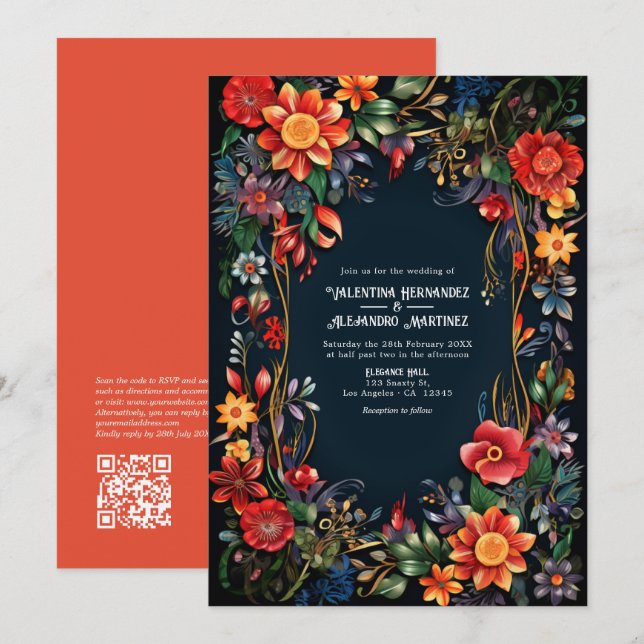Convites Código QR de Fiesta Floral Colorida em Aquarela pa (Frente/Verso)