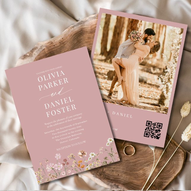 Convites Código QR de flor selvagem rosa Foto Boho Casament (Criador carregado)