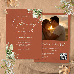 Convites Código QR de Floral de Verdor de Terracota Casamen