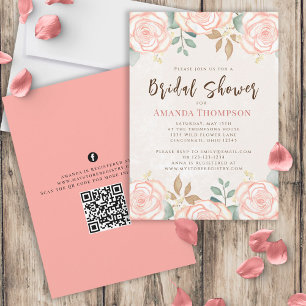 Convites Código QR de Folhagem Floral de Blush de Aquarela 