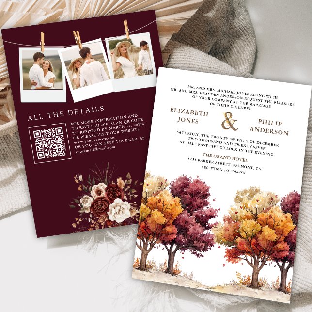 Convites Código QR de Foto de Árvores de Outono Burgundy Ca (Criador carregado)