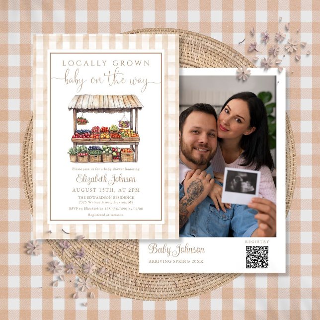 Convites Código QR de foto de baby shower neutro de produçã (Locally Grown Neutral Baby Shower Photo QR Code Invitation)