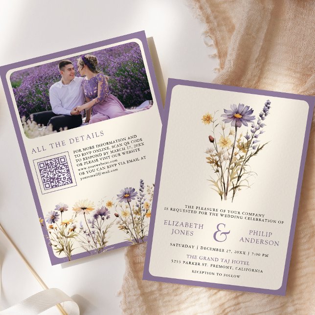 Convites Código QR de Foto de Casamento com Flor Silvestre  (Criador carregado)
