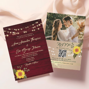 Convites Código QR de Foto de Casamento com Girassóis Rústi
