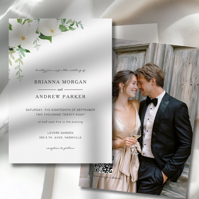Convites Código QR de Foto de Casamento com Magnólia Floral (Elegant Floral Magnolia Wedding Photo QR Code Invitation)