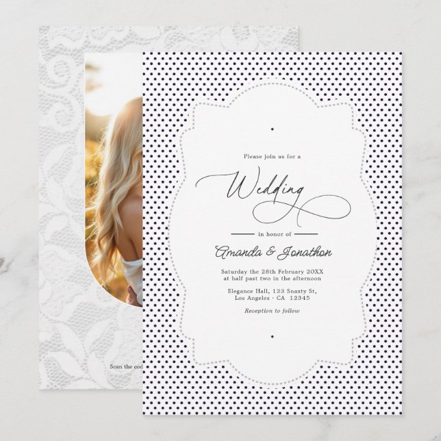 Convites Código QR de Foto de Casamento com Moldura de Rend (Frente/Verso)