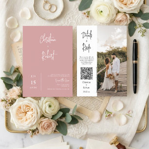 Convites Código QR de Foto de Casamento de Boho Rosa Modern