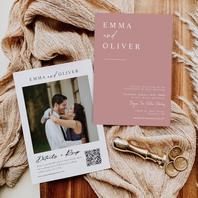 Convites Código QR de Foto de Casamento de Boho Rosa Modern (Criador carregado)